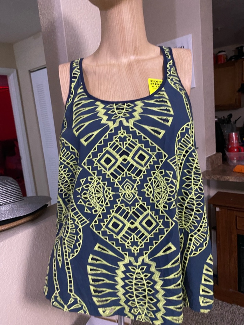 Tart Collections Navy Tank with Neon Yellow Geometric Print